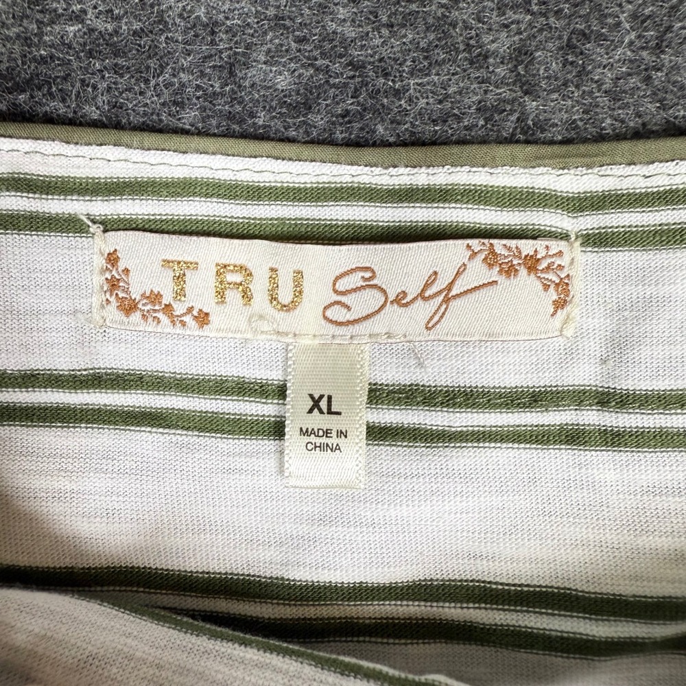 NWT Tru Self Womens Striped Tunic Top Olive Green White XL W Button Shoulder - Picture 4 of 7